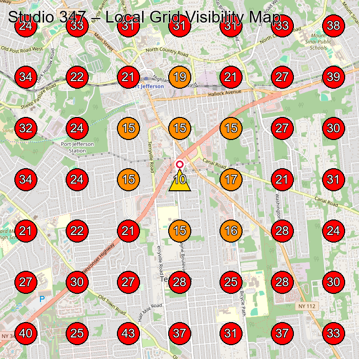 Studio 347 GeoGrid visibility map for Hair Salon in Port Jefferson Station